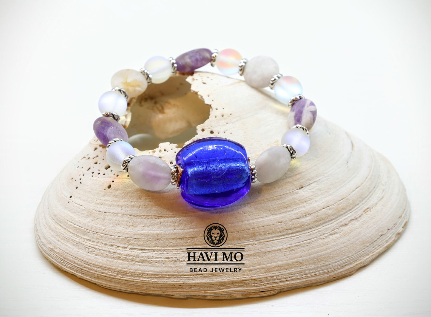 Aurora's Dream - Blue Lamp Glass, Natural Amethyst, and Rainbow Glass Beads Bracelet.