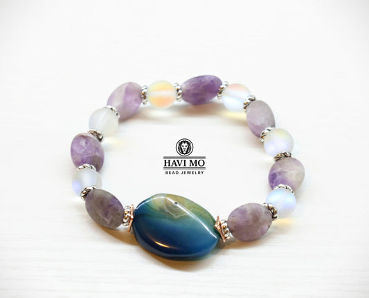 Athena's Shield - Agate, Amethyst, and Rainbow Glass Bead Bracelet