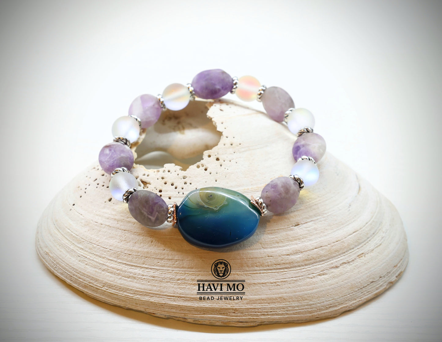 Athena's Shield - Agate, Amethyst, and Rainbow Glass Bead Bracelet