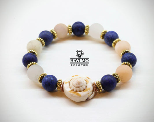 Aphrodite's Treasure Bracelet - 10 mm beads Natural Lapis Lazuli, Pink Aventurine, and a Sea Shell