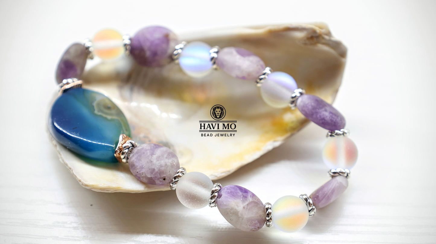 Athena's Shield - Agate, Amethyst, and Rainbow Glass Bead Bracelet