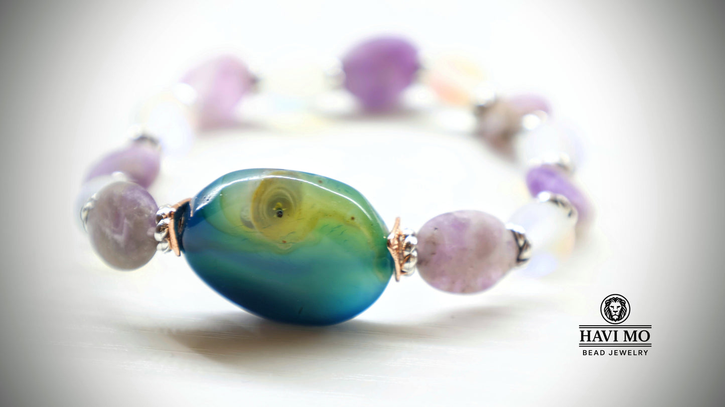 Athena's Shield - Agate, Amethyst, and Rainbow Glass Bead Bracelet