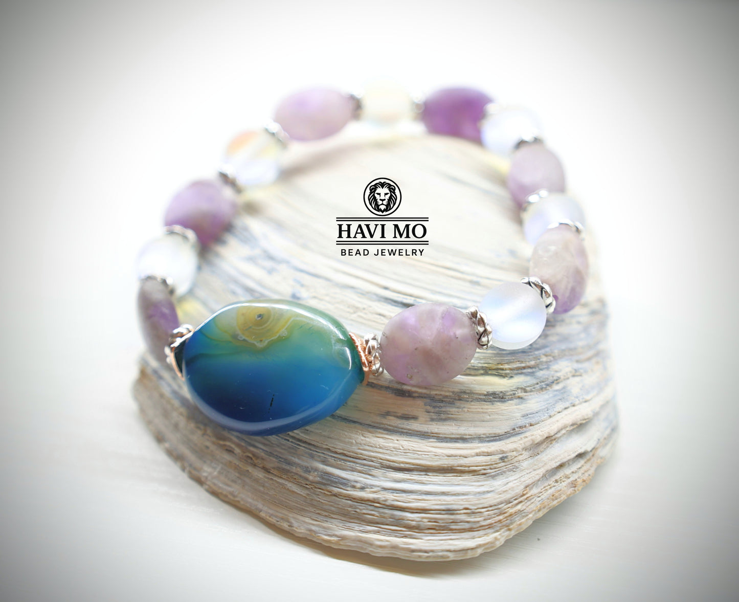 Athena's Shield - Agate, Amethyst, and Rainbow Glass Bead Bracelet