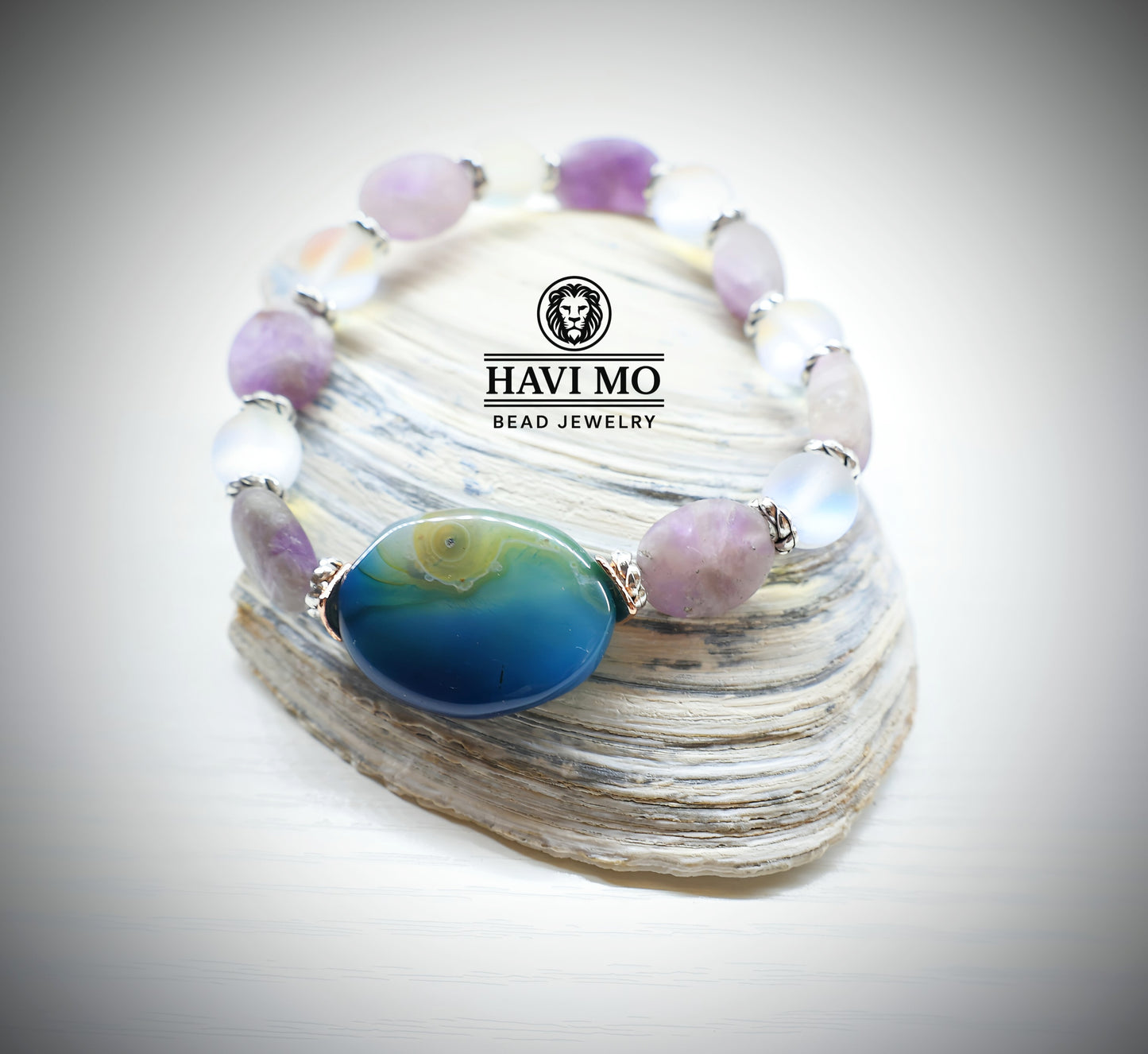 Athena's Shield - Agate, Amethyst, and Rainbow Glass Bead Bracelet