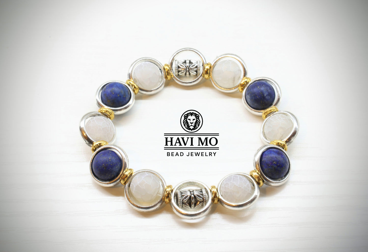 Butterfly’s Journey Bracelet - 10 mm Natural Lapis Lazuli and Crackled Agat Beads