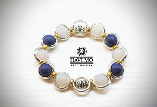 Butterfly’s Journey Bracelet - 10 mm Natural Lapis Lazuli and Crackled Agat Beads