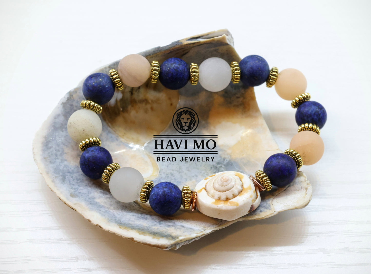 Aphrodite's Treasure Bracelet - 10 mm beads Natural Lapis Lazuli, Pink Aventurine, and a Sea Shell