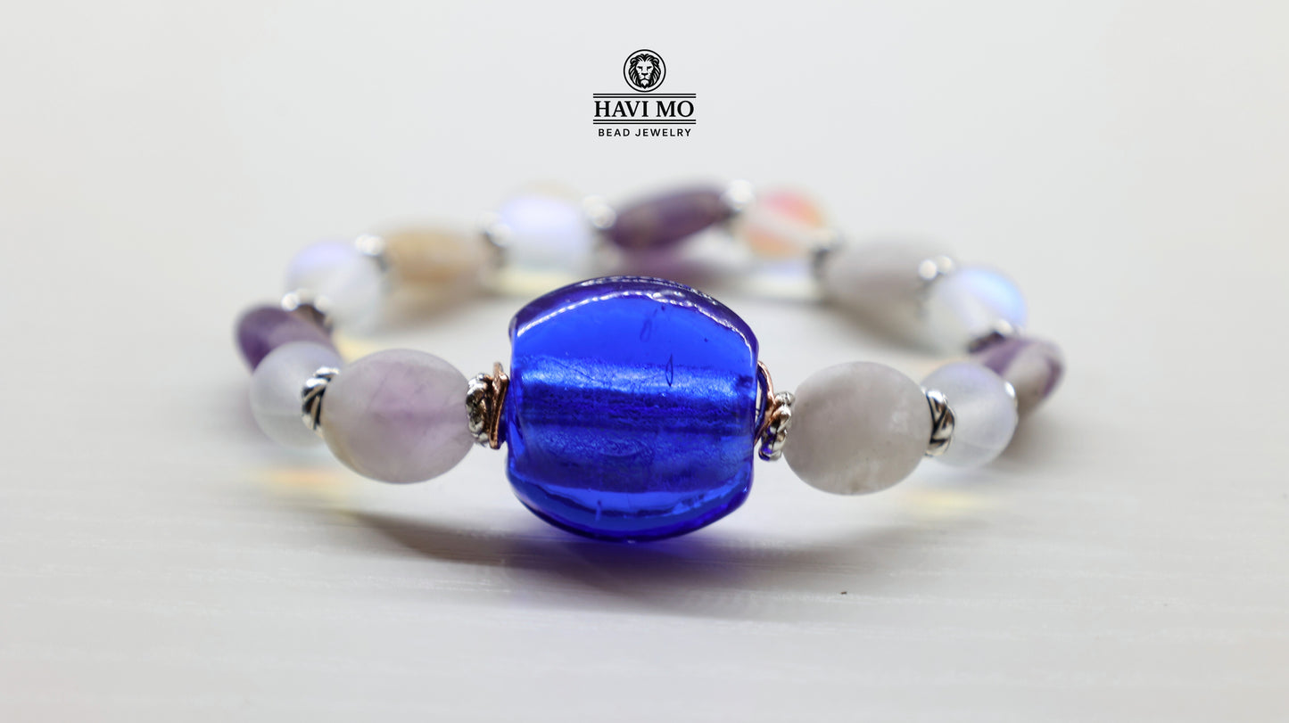 Aurora's Dream - Blue Lamp Glass, Natural Amethyst, and Rainbow Glass Beads Bracelet.