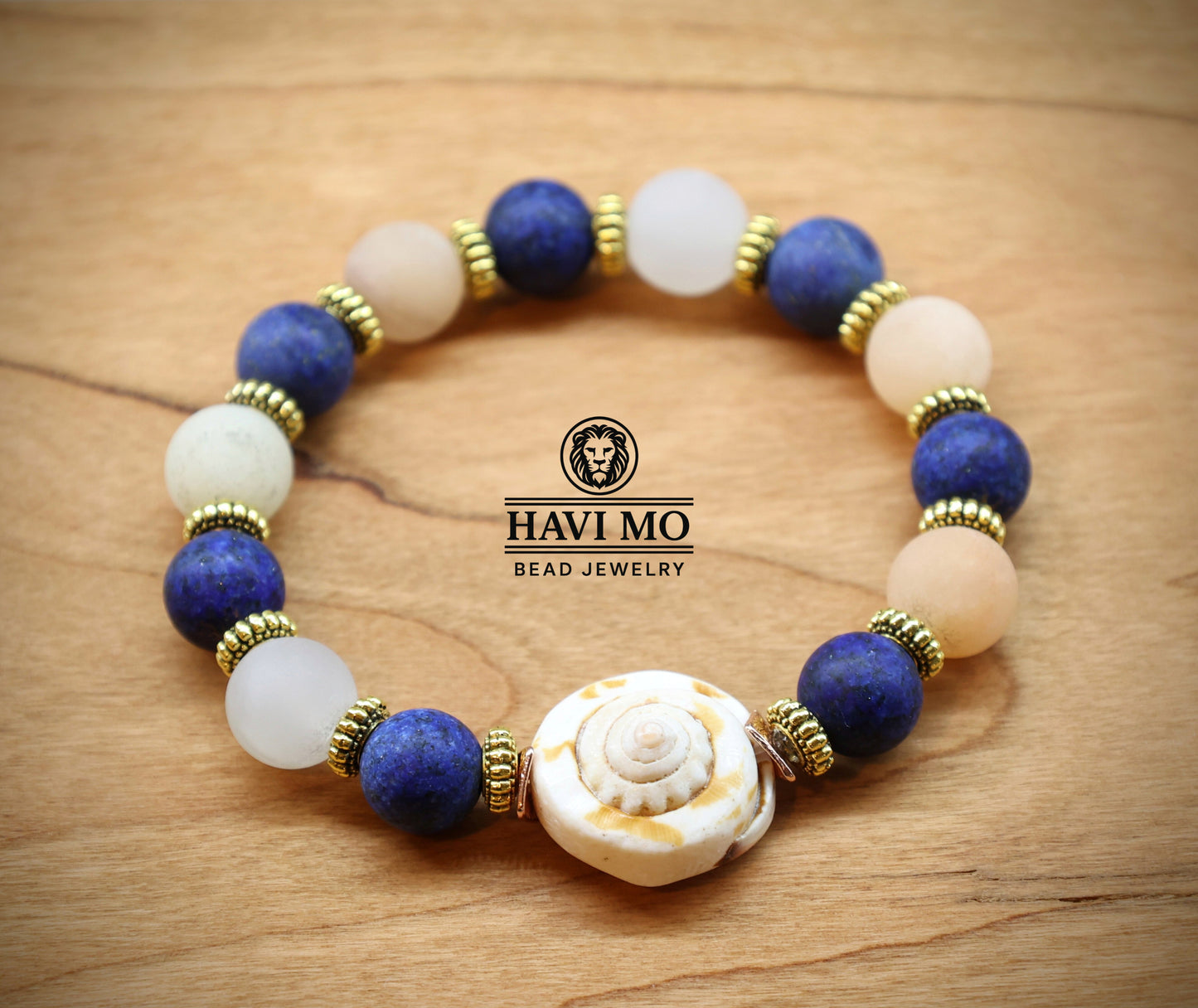 Aphrodite's Treasure Bracelet - 10 mm beads Natural Lapis Lazuli, Pink Aventurine, and a Sea Shell