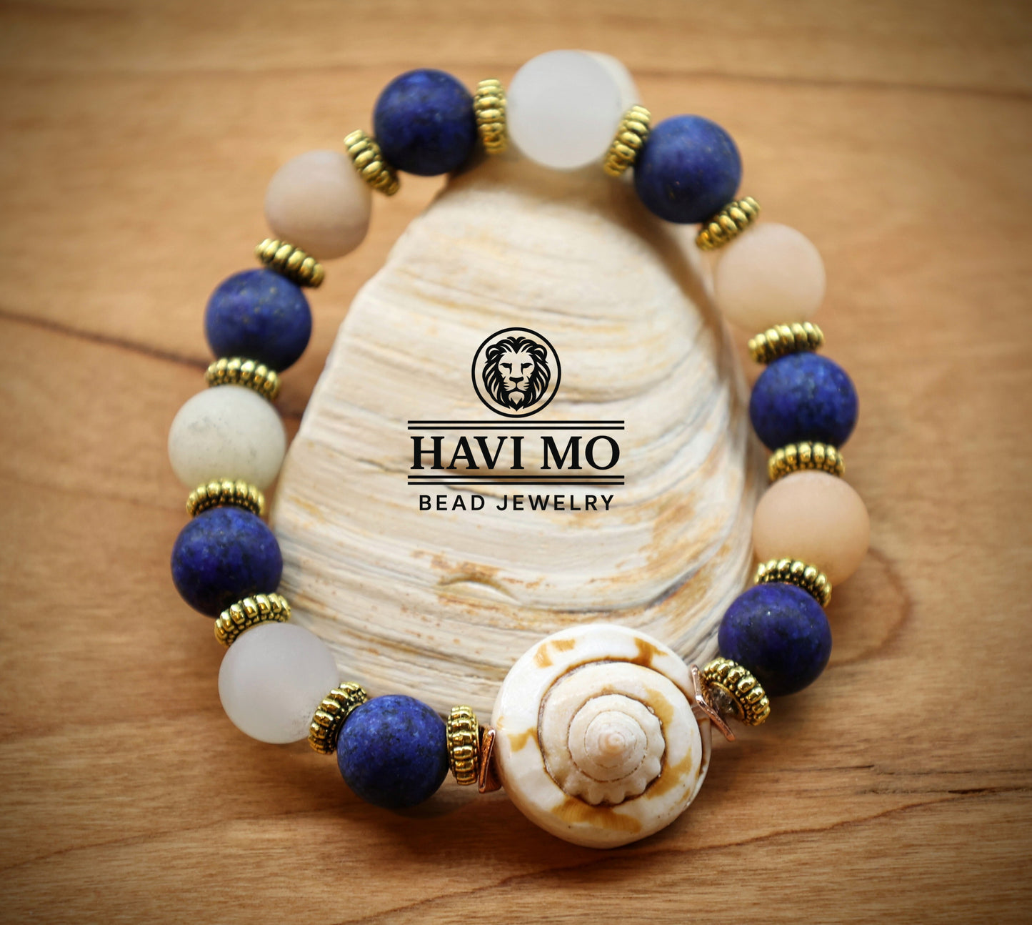 Aphrodite's Treasure Bracelet - 10 mm beads Natural Lapis Lazuli, Pink Aventurine, and a Sea Shell