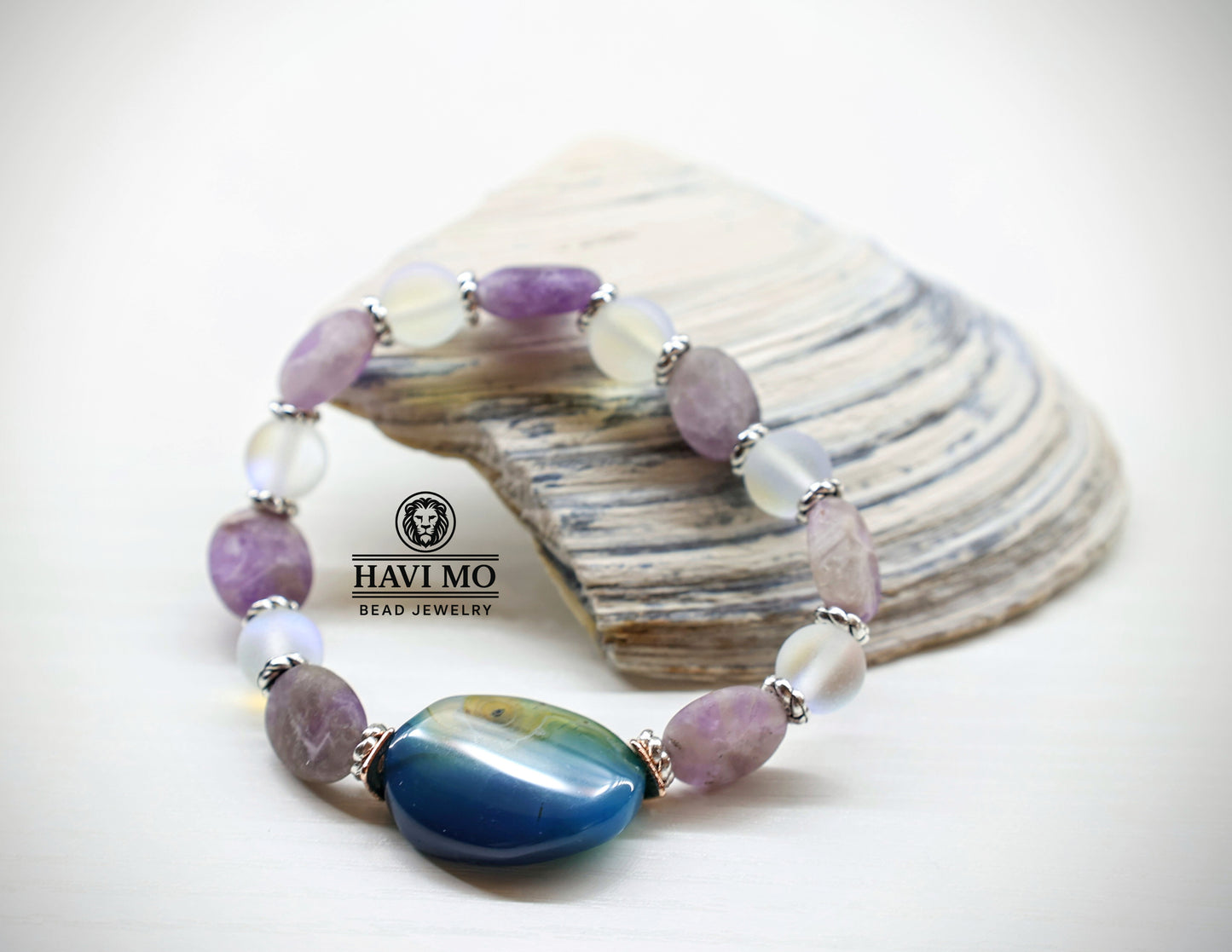 Athena's Shield - Agate, Amethyst, and Rainbow Glass Bead Bracelet