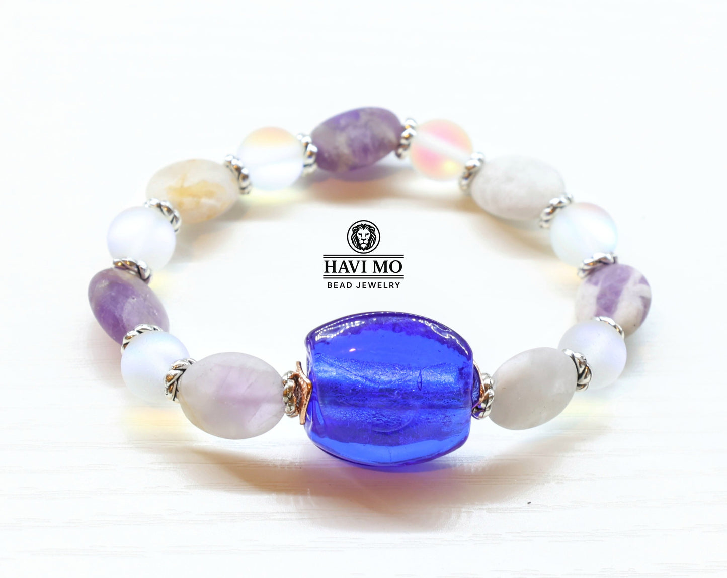 Aurora's Dream - Blue Lamp Glass, Natural Amethyst, and Rainbow Glass Beads Bracelet.