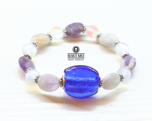 Aurora's Dream - Blue Lamp Glass, Natural Amethyst, and Rainbow Glass Beads Bracelet.